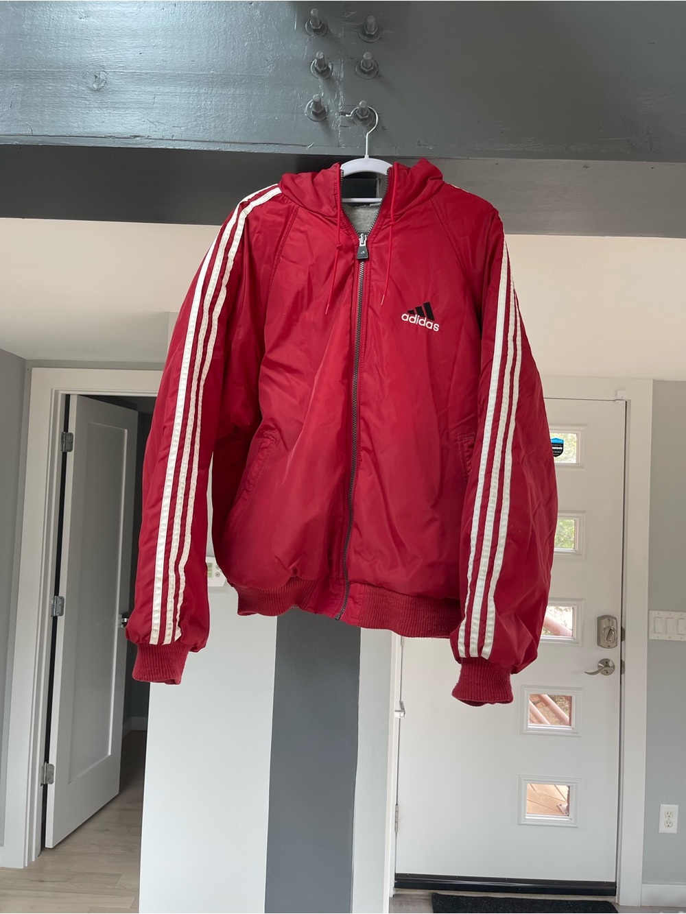 Vintage Adidas Reversible Jacket Mens L Red/Gray Hooded Full Zip Fleece Lined